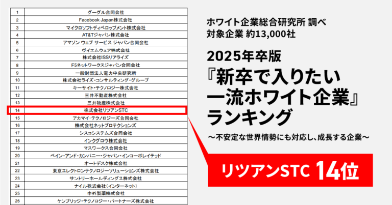 2025年卒版一流ホワイト企業ランキングでトップ14に選出