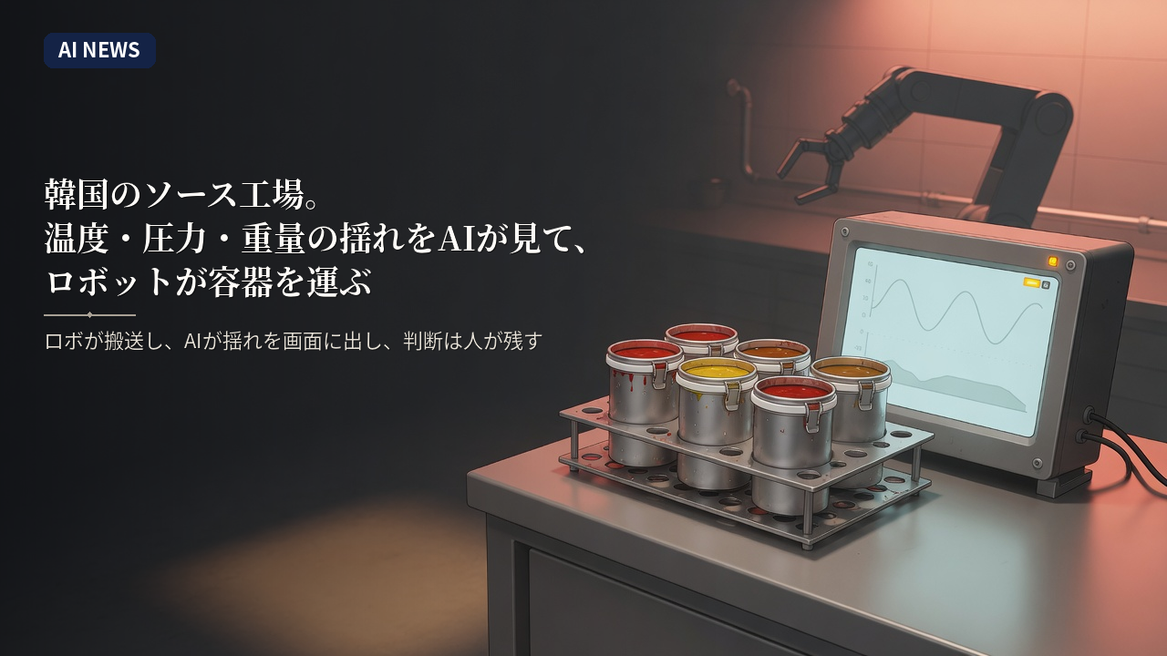 韓国のソース工場。温度・圧力・重量の揺れをAIが見て、ロボットが容器を運ぶ
