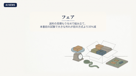 点線で描いた段ボール箱に小さな荷物が組み込まれ、そばにはかりと巻き尺、試し置きの台がある図