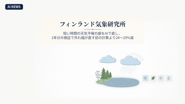 フィンランド気象研究所、短い時間の天気予報の癖をAIで直し、1年分の検証で外れ幅が直す前の計算より24〜29%減