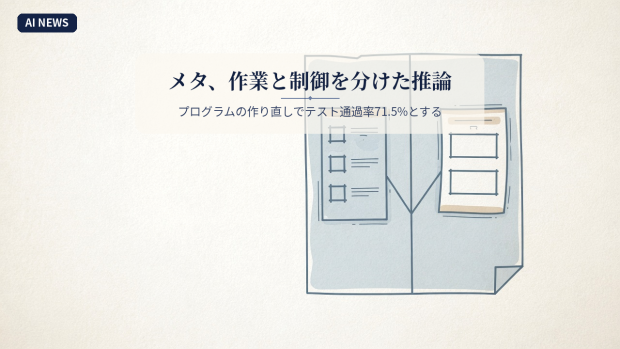 メタ、作業と制御を分けた推論。プログラムの作り直しでテスト通過率71.5%とする