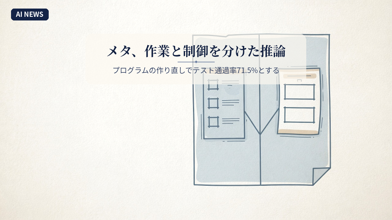 メタ、作業と制御を分けた推論。プログラムの作り直しでテスト通過率71.5%とする