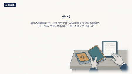 束ねた福祉制度の冊子、手に持った冊子、灰色の線だけの答えが映る画面を机の上で見比べる相談員の両手のイラスト