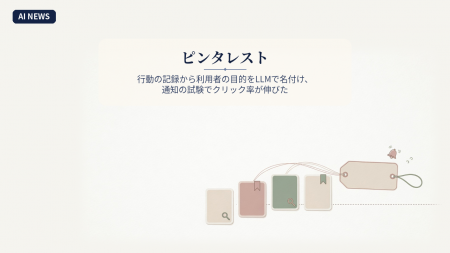 時系列に並んだ検索と保存の印のカードが一つの名札にまとまり、そばに通知のベルがある図